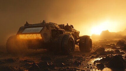 Fototapeta premium Lunar Rover Expedition, a solar-powered vehicle explores the moon's dusty terrain, robotic arms extend in search of water, shadows stretch as the sun sets over rugged landscapes.