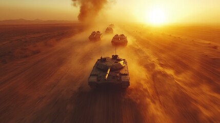 Desert Tanks at Dusk, Aerial view of armored vehicles moving through sandy terrain, dust swirling, dramatic sunset casting shadows, evoking a cinematic war documentary atmosphere