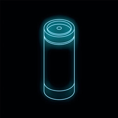 Fototapeta premium Blue glowing neon icon of reusable water bottle on black background