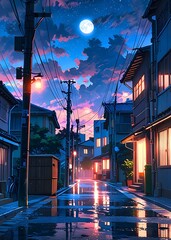 Japanese town at night. Generative By Ai