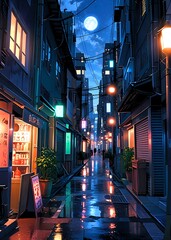 Japanese town at night. Generative By Ai