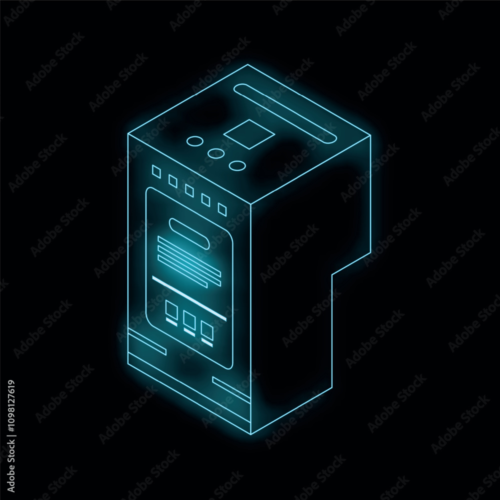 Poster glowing isometric electric meter with display showing energy usage information