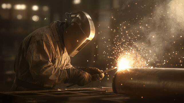 Welder Repairing Metal Pipe in Dimly Lit Workshop - Powered by Adobe