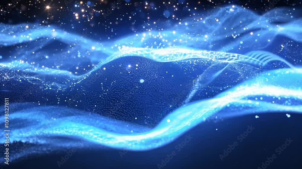 Poster the image is a blue wave with a lot of stars in it. the stars are scattered all over the wave, creat