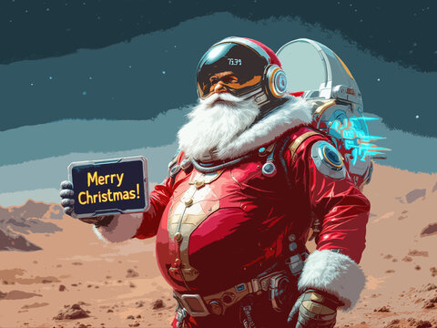 Christmas poster of Santa Claus on Mars wishing everyone a Merry Christmas. High quality illustration