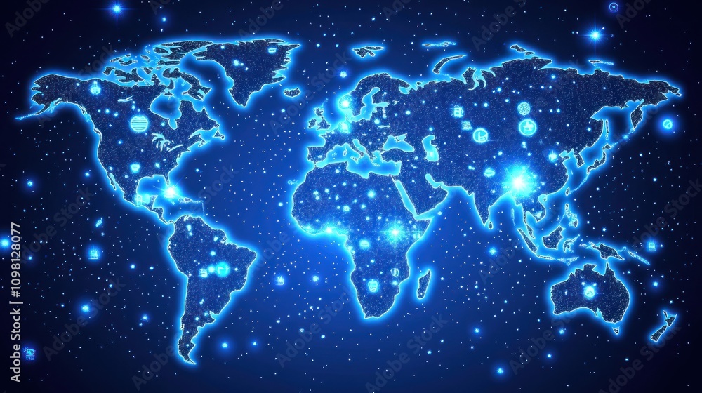 Poster a glowing world map with bright points representing data or connections.