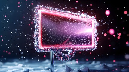 Obraz premium Glittering billboard wrapped in tinsel and Christmas wreaths, snowy fireworks in the background, Santa Claus passing by, perfect for New Year's promotions
