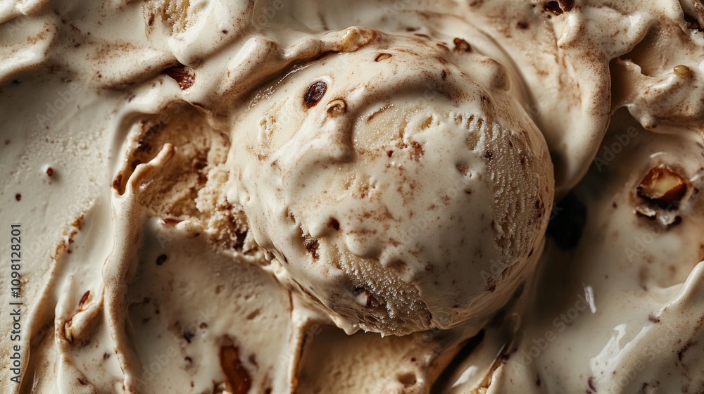 Poster a close-up of an ice cream scoop showcasing nut inclusions, emphasizing its creamy texture and invit