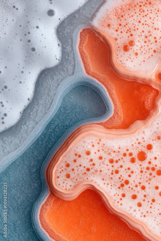 Poster colorful abstract patterns with orange and blue foam formations on a textured background
