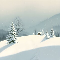 눈 내리는 오두막집이 있는 하얀 언덕 풍경