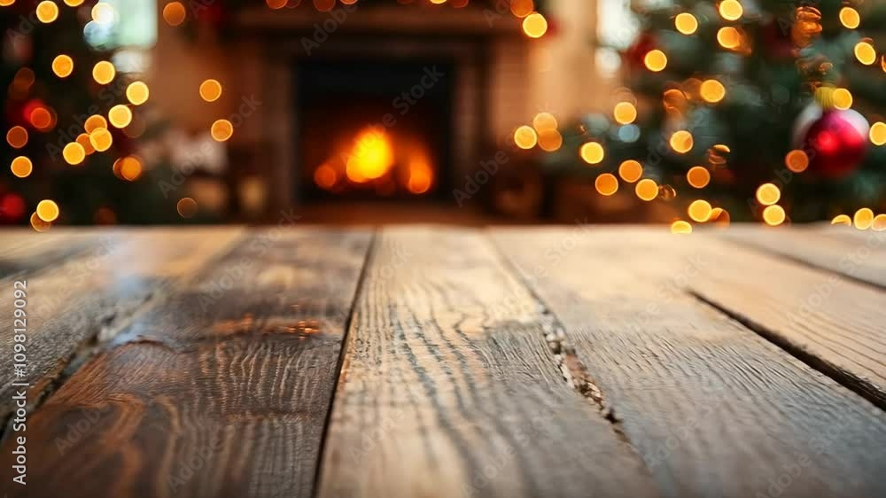 Poster a wooden table with a fireplace in the background. the table is empty and the fireplace is lit