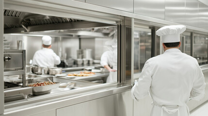 Obraz premium Chef Entering Busy Restaurant Kitchen with Industrial Style
