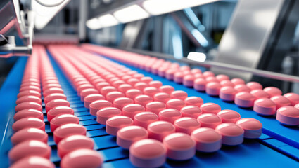 Fototapeta premium Close-up of biopharmaceutical tablets being coated in a manufacturing facility, drug formulation, production line