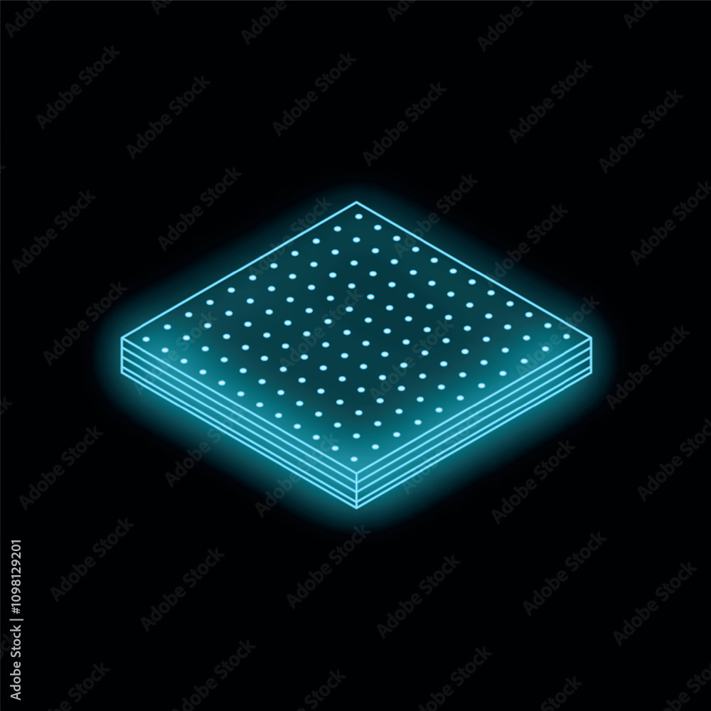 Poster neon blue square shape with a dotted pattern glowing on a black background, perfect for technology a