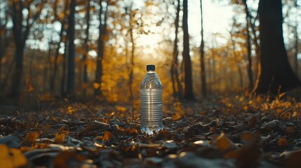 Water bottle in autumn forest at sunset.