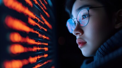 Young person focused on coding with illuminated screen in a dark environment