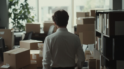 Manager Clearing Office with Personal Effects and Moving Boxes