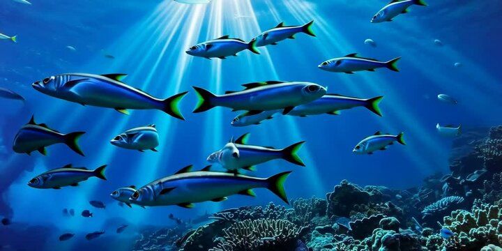 School of barracuda in shimmering blue waters, 4K Video