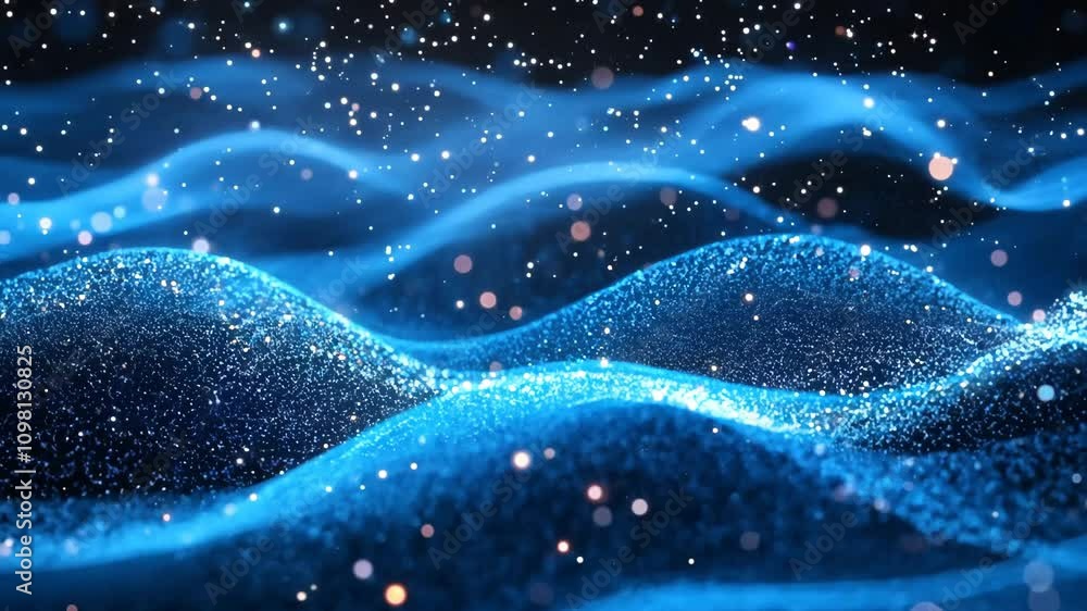 Poster a blue wave with a lot of sparkles on it. the sparkles are scattered all over the wave, giving it a 