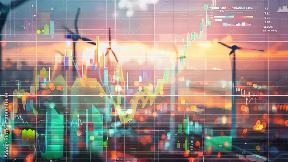 Poster a city skyline with a large number of wind turbines and a large screen with graphs and numbers. scen