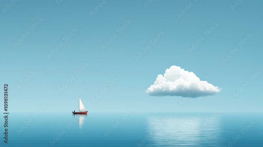 Poster a minimalist scene of a small sailboat floating on a calm sea with a single white cloud hanging in t