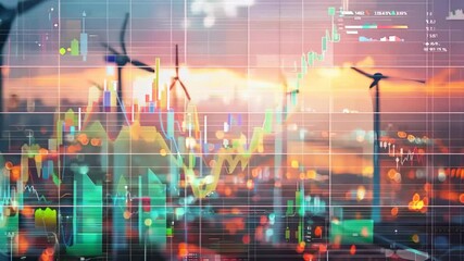 A city skyline with a large number of wind turbines and a large screen with graphs and numbers. Scene is one of progress and innovation, as the turbines - Powered by Adobe
