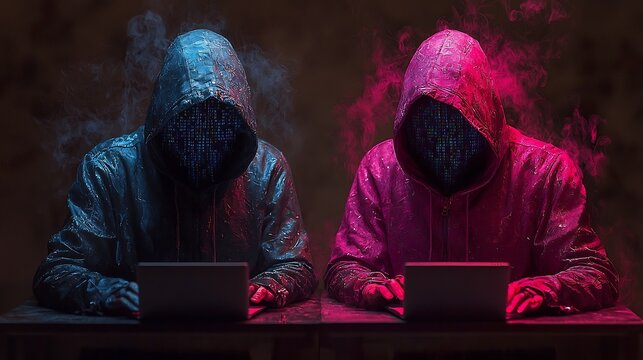 Two Hackers Furiously Typing at Computers Surrounded by Swirling Digital Codes in a Dramatic Cyber Rivalry Concept