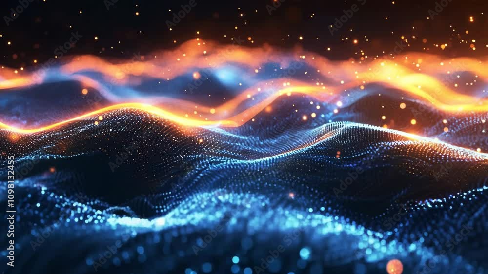 Poster the image is a colorful, abstract representation of a wave. the wave is made up of blue and orange d