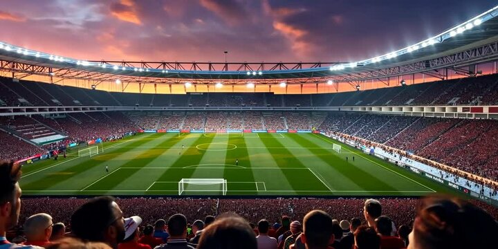 Lively football stadium with spectators, 3D model, volumetric lighting, 4K Video