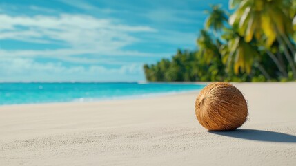 Obraz premium Serene Tropical Beach with Coconut Palm and Tranquil Ocean View