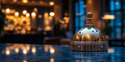 Classic metal desk bell on a polished surface with a blurred warm-lit background, evoking luxury and hospitality. Ideal for hotel promotions, customer service campaigns, and travel branding.