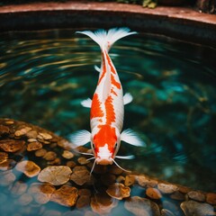 koi fish red and white colour swimming in a pond