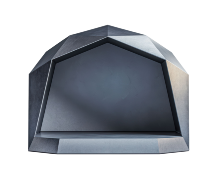 Geometric metal display platform design with an industrial aesthetic, featuring a textured metallic finish and angular edges for unique visual impact. Isolated on transparent background, png.