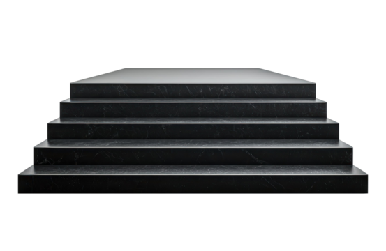 Black marble tiered display platform with a luxurious and elegant design, featuring multiple levels ideal for product displays or interior decor arrangements. Isolated on transparent background, png.