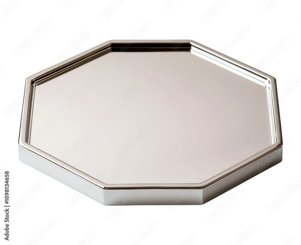 Poster octagonal metallic display platform with a reflective polished surface, offering a modern and sleek 