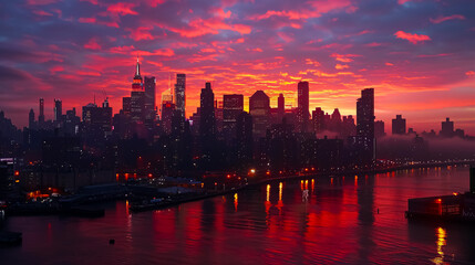 Fototapeta premium View of New York Manhattan during sunset hours.