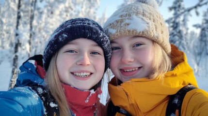 Fototapeta premium Finnish Lapland reindeer safari, teens having fun in the snow-covered arctic