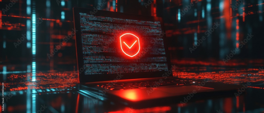 Poster a laptop displaying a red security shield on a digital background.