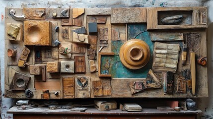 Intricate wooden collage artwork with various shapes, textures, and colors displayed on a workbench.