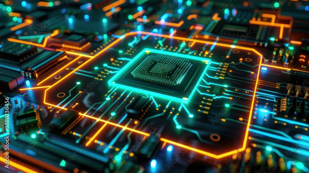 Aufkleber a close-up view of a circuit board with glowing components, showcasing technology and design.