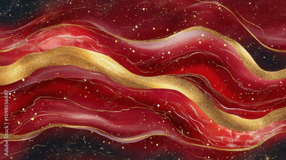 Poster A vibrant abstract design featuring flowing waves of red and gold against a dark background, creating a dynamic and luxurious visual effect.