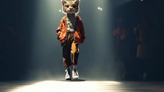 Anthropomorphic Cat Model Strutting Down Fashion Runway