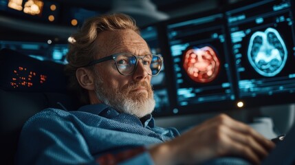 Medical professional analyzing brain scan data in a high-tech facility environment