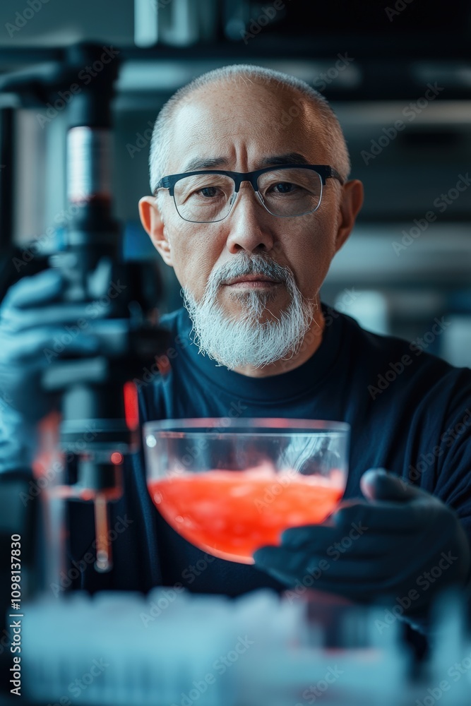 Aufkleber experienced scientist conducting experiments with colorful liquid in laboratory setup