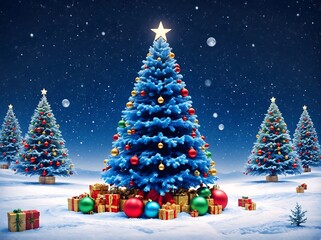 Blue Christmas tree at night.