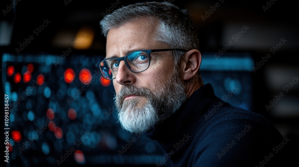 Poster focused man with glasses and a beard studying data on a computer screen at night