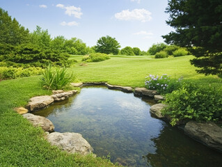 Fototapeta premium serene meditation garden featuring tranquil pond surrounded by lush greenery and vibrant flowers, perfect for relaxation and reflection