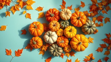 Fototapeta premium A cluster of colorful pumpkins arranged in a circular pattern on a turquoise background surrounded by scattered autumn leaves.