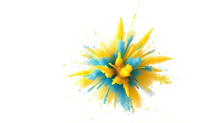 Poster de jardin  Vivid yellow and blue dust burst on a white background, dynamic, vivid, yellow and blue, abstract  © สิริวุฒิ นาคโคตร