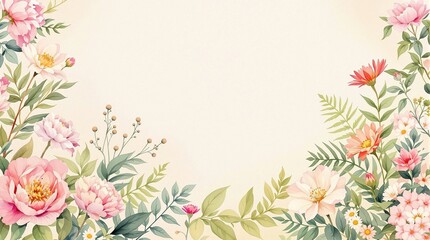 Fototapeta premium Watercolor floral illustration with various types of flowers and leaves on a natural background, natural background, floral wreath